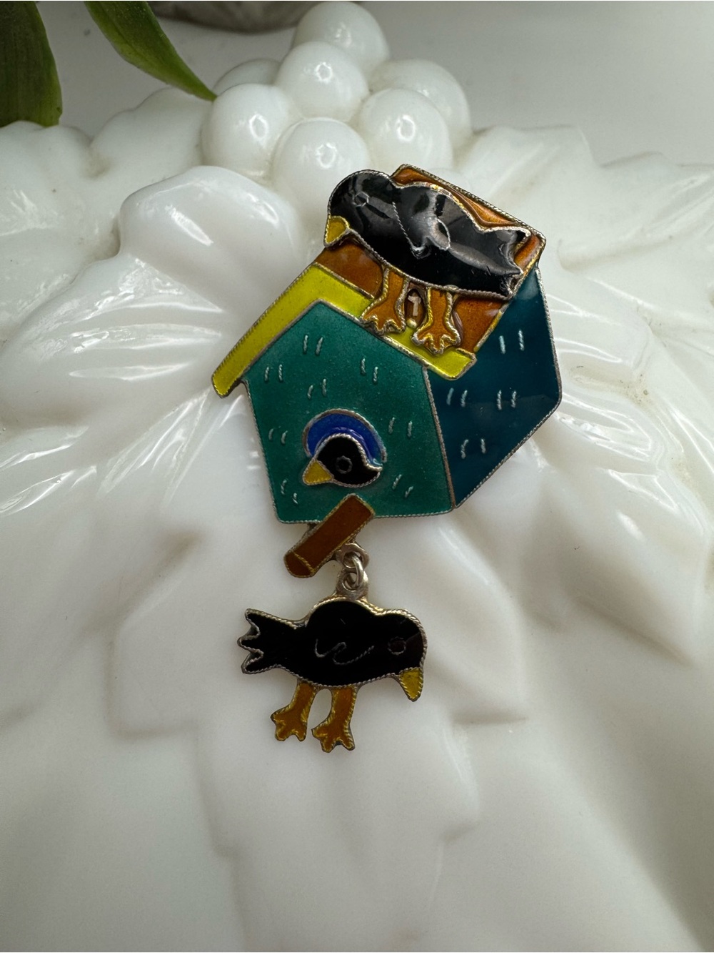 Vintage S925 enamel birds & birdhouse brooch, EUC. Articulated.